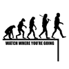Detail of Watch Where You're Going t-shirt design, showing the evolution of man with the modern human stepping off a cliff