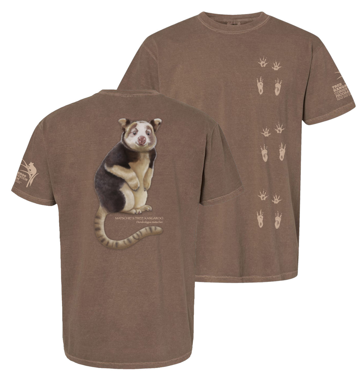 Brown "espresso" t-shirt with an endangered Matschie's tree kangaroo design on the back and footprints on the front, displayed on a white background.