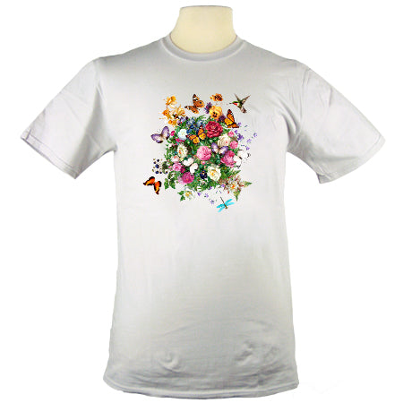 Butterfly Garden Hummingbird Monarch Dragonfly Floral T Shirt Organic in Silver Grey