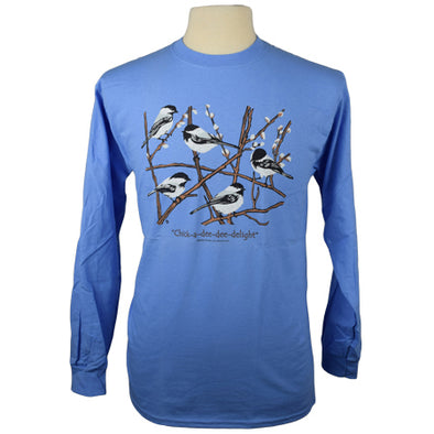 Detail of Chickadees wildlife t-shirt design, showing a small flock of black-capped chickadees resting on branches with winter buds accompanied by the text "Chick-a-dee-dee-delight"