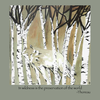 Detail of Timber Wolf wildlife t-shirt design, featuring a mysterious timber wolf looking out from a grove of aspens accompanied by the Thoreau quote, "In wildness is the preservation of the world"