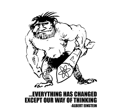 Detail of Nuclear Club shirt design, showing a caveman carrying a nuclear missile with warhead accompanied by a quote from Albert Einstein