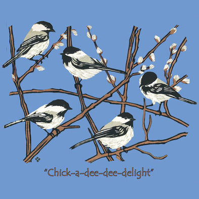 Detail of Chickadees wildlife t-shirt design, showing a small flock of black-capped chickadees resting on branches with winter buds accompanied by the text "Chick-a-dee-dee-delight"