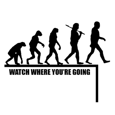 Detail of Watch Where You're Going t-shirt design, showing the evolution of man with the modern human stepping off a cliff