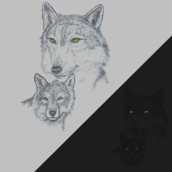 Detail of Green Eyed Wolf wildlife t-shirt design, featuring a mama wolf and her cub, both with glow in the dark eyes