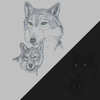 Detail of Green Eyed Wolf wildlife t-shirt design, featuring a mama wolf and her cub, both with glow in the dark eyes
