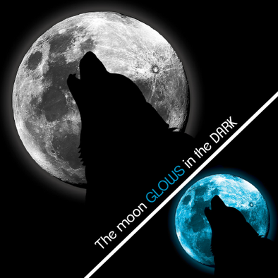 Detail of Glow Wolf design, featuring a wolf howling at a glow in the dark full moon