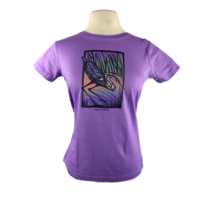 Detail of Great Blue Heron design, featuring a heron in a colorful marsh at sunset with text encouraging people to "Watch Wildlife."