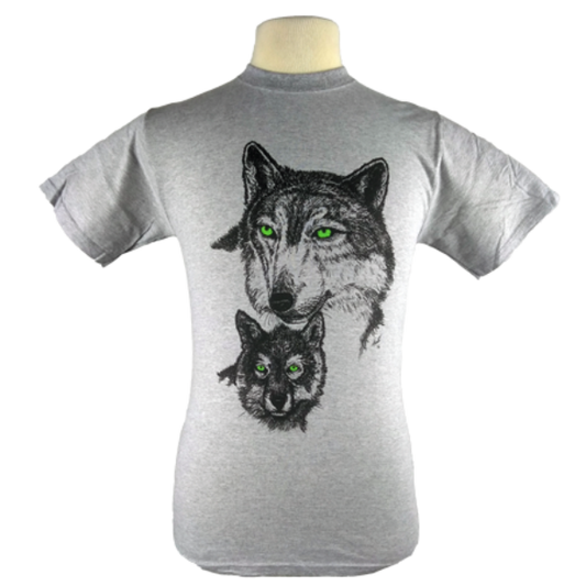 Green Eyed Wolf design on Men's Heavyweight t-shirt in Heather Grey
