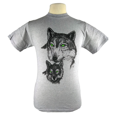 Green Eyed Wolf design on Men's Heavyweight t-shirt in Heather Grey