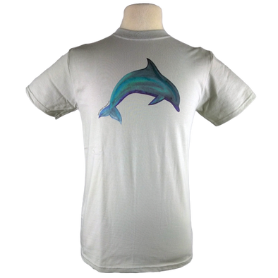 Detail of Dolphin t-shirt design, showing a simple leaping bottlenose dolphin