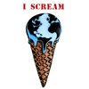 Detail of I Scream t-shirt design, depicting Earth as a melting scoop of ice cream with the ominous words "I SCREAM" in bold, capital text