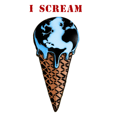 Detail of I Scream t-shirt design, depicting Earth as a melting scoop of ice cream with the ominous words "I SCREAM" in bold, capital text