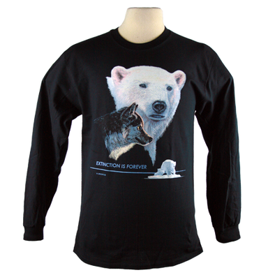 Detail of Extinction is Forever wildlife t-shirt design, featuring a polar bear and a wolf, with a smaller vignette of a polar bear with her cub