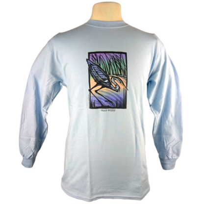 Great Blue Heron design on Men's Longsleeve shirt in Light Blue