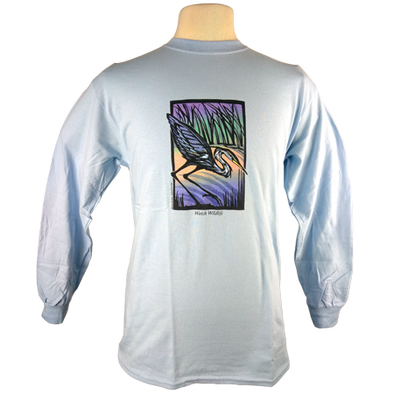 Detail of Great Blue Heron design, featuring a heron in a colorful marsh at sunset with text encouraging people to "Watch Wildlife."