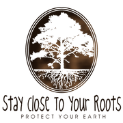Detail of Stay Close to Your Roots t-shirt design, featuring a cameo with a large tree and a cross section of its roots with the text "stay close to your roots" and "protect your earth" below