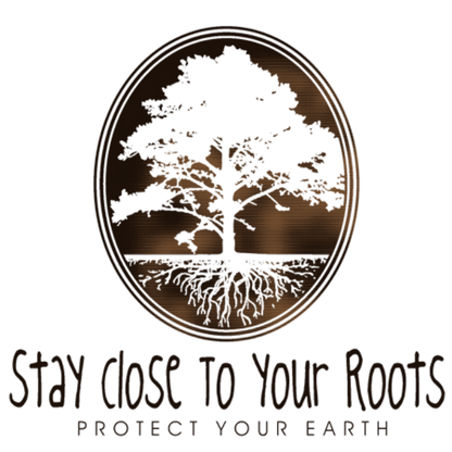 Detail of Stay Close to Your Roots t-shirt design, featuring a cameo with a large tree and a cross section of its roots with the text "stay close to your roots" and "protect your earth" below