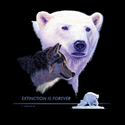 Detail of Extinction is Forever wildlife t-shirt design, featuring a polar bear and a wolf, with a smaller vignette of a polar bear with her cub