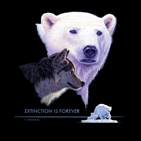Detail of Extinction is Forever wildlife t-shirt design, featuring a polar bear and a wolf, with a smaller vignette of a polar bear with her cub