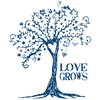 Detail of Love Grows design, featuring a tree bearing hearts as fruit accompanied by the words "love grows"