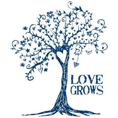 Detail of Love Grows design, featuring a tree bearing hearts as fruit accompanied by the words "love grows"