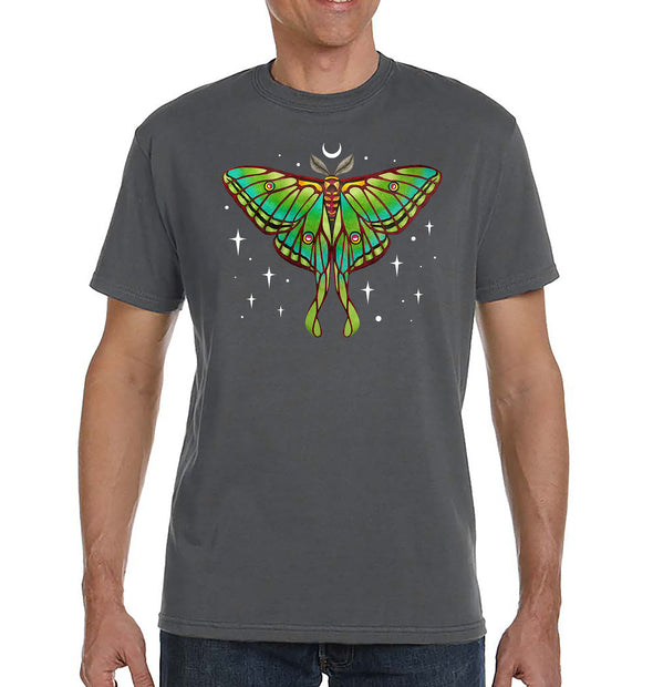 Moon Luna Moth Organic Unisex T-Shirt on Charcoal Gray