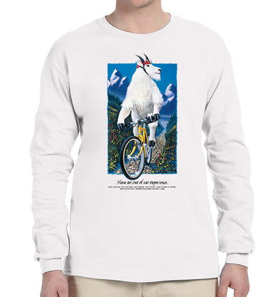 Detail of Mountain Goat t-shirt design, showing a mountain goat riding a bike along a trail with wildflowers