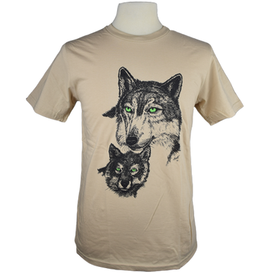 Detail of Green Eyed Wolf wildlife t-shirt design, featuring a mama wolf and her cub, both with glow in the dark eyes