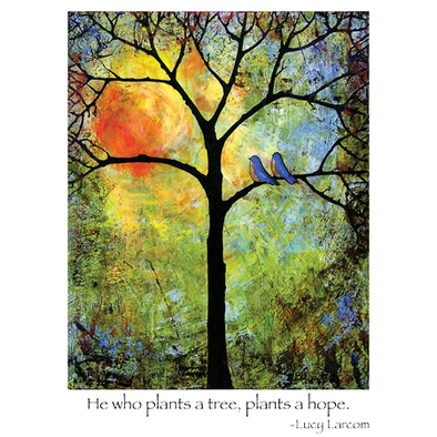 A closeup of our Sunshine wildlife shirt design showing two bluebirds in a tree accompanied by a quote from Lucy Larcom, "He who plants a tree, plants a hope"