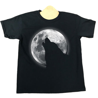 Detail of Glow Wolf design, featuring a wolf howling at a glow in the dark full moon