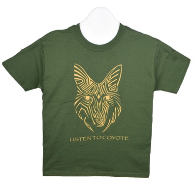Detail of Coyote Spirit wildlife t-shirt design, featuring a stylized coyote face accompanied by the phrase "Listen to Coyote"