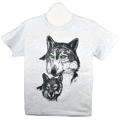 Detail of Green Eyed Wolf wildlife t-shirt design, featuring a mama wolf and her cub, both with glow in the dark eyes